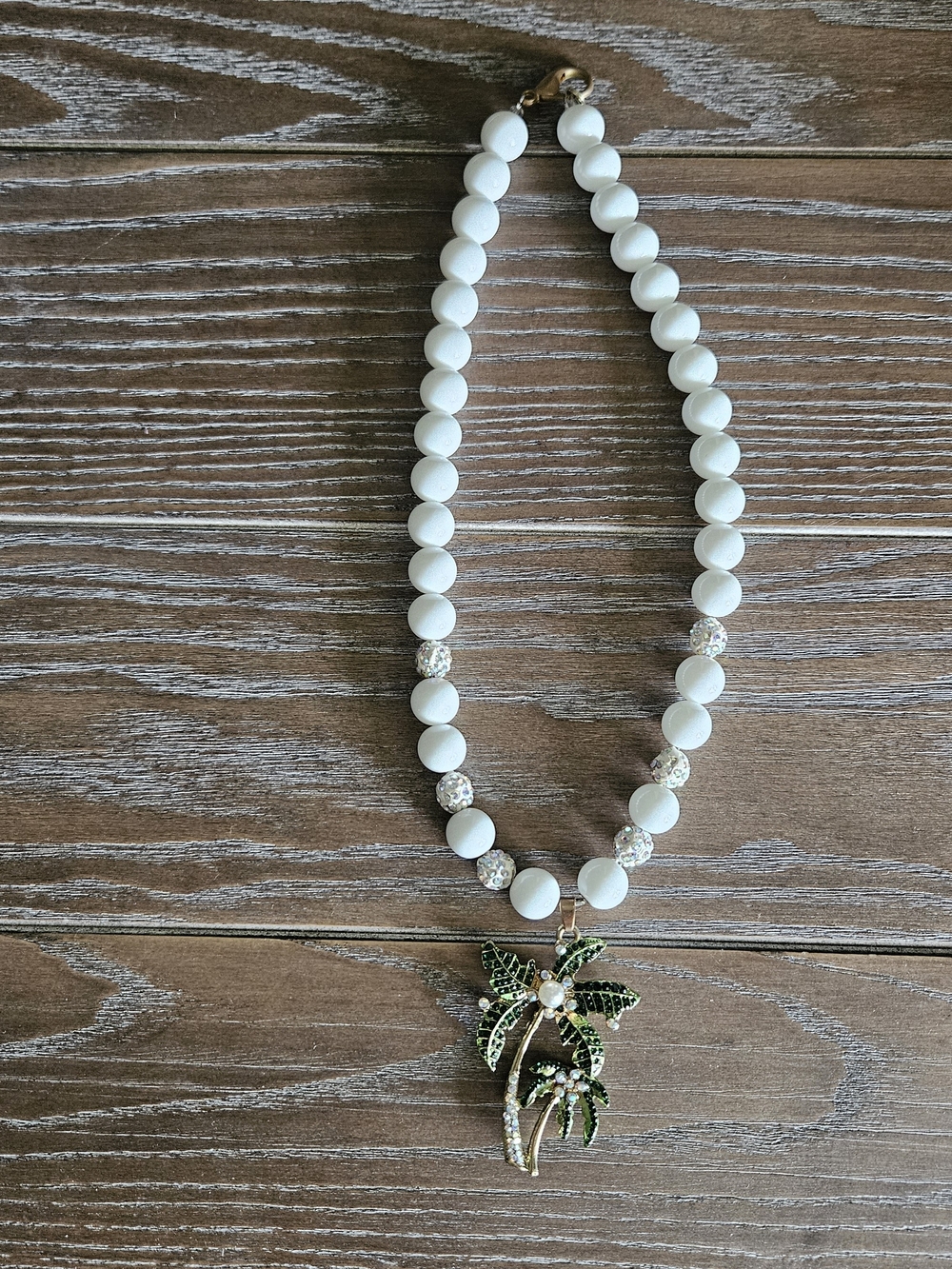 White Beaded Necklace with Green Palm Tree Pendant - Brand Unknown